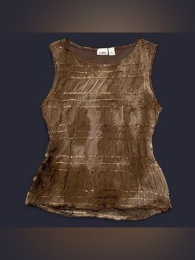 Y2K Boho Cato Brown Ruffled Dyed Sheer Top Gold Sequins Festival Size M Fairy